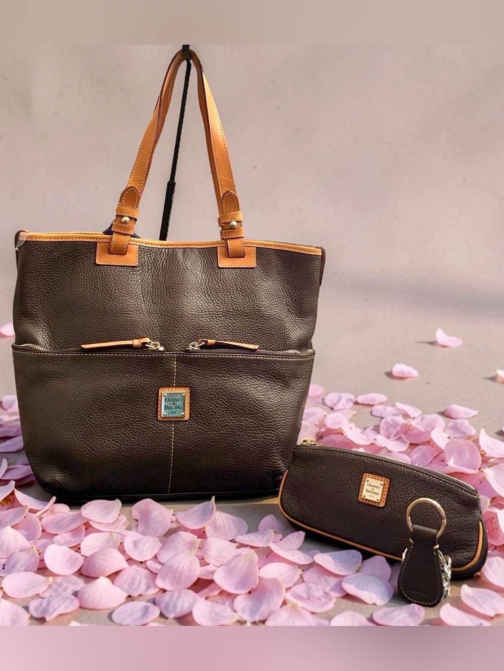 Dooney & Bourke Brown Leather Tote with Tan Trim and Accessories